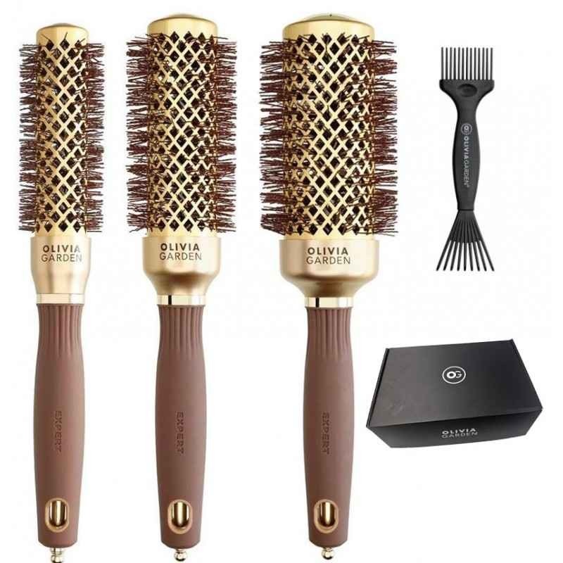 Olivia Garden Expert Blowout Shine sada modelovacích a sušících kartáčů 35-45-55 mm + Black&amp;Gold nástroj na čištění kartáčů