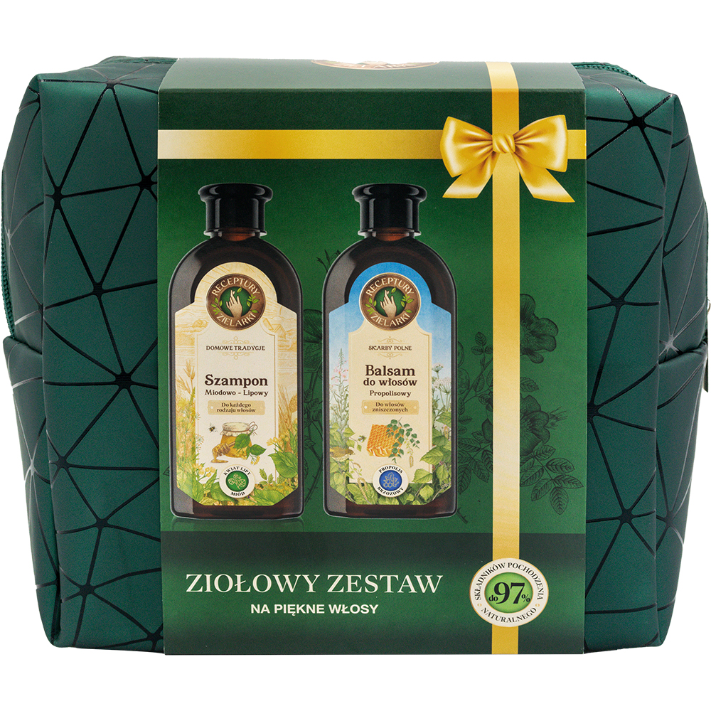 HERBAL RECEPTURES_SET Bylinný Prírodný šAmpón S Medom A Lipou 350 Ml + Balzam Na Vlasy S Brezovým Propolisom 350 Ml + Kozmetická Taška