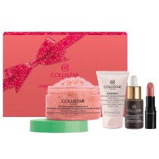 Collistar Unbox Your Uniqueness sada rúžov 102 1,2 ml + samoopaľovacie kvapky na tvár 10 ml + vyhladzujúci krém proti vráskam 15 ml + spevňujúci telový peeling 70 g