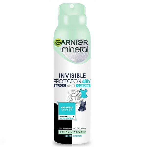 Garnier, Mineral Invisible Protection Clean Cotton antiperspirant v spreji 150 ml