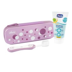 Chicco, Sada zubní pasty 50ml + zubní kartáček + pouzdro 6-36m Lila