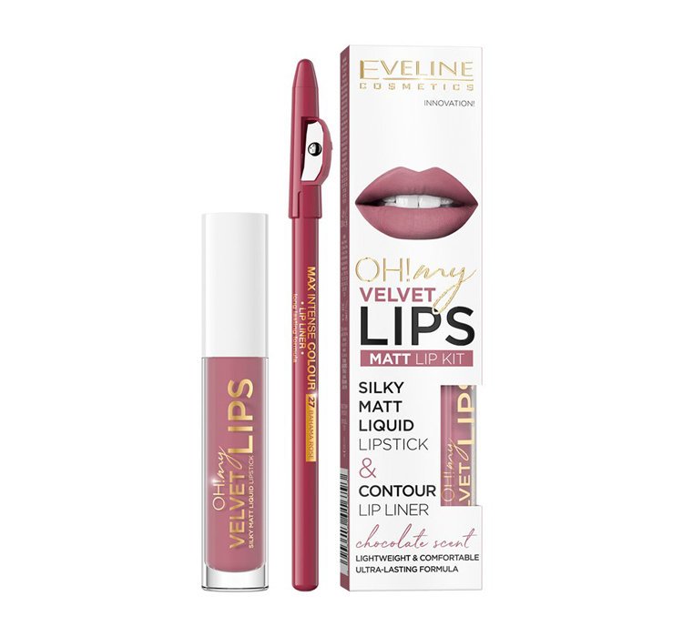 Eveline Cosmetics, Oh! My Velvet Lips Liquid Matt Lip Kit zestaw matowa pomadka w płynie 4.5ml + konturówka do ust 1szt 13 Brownie Biscotti