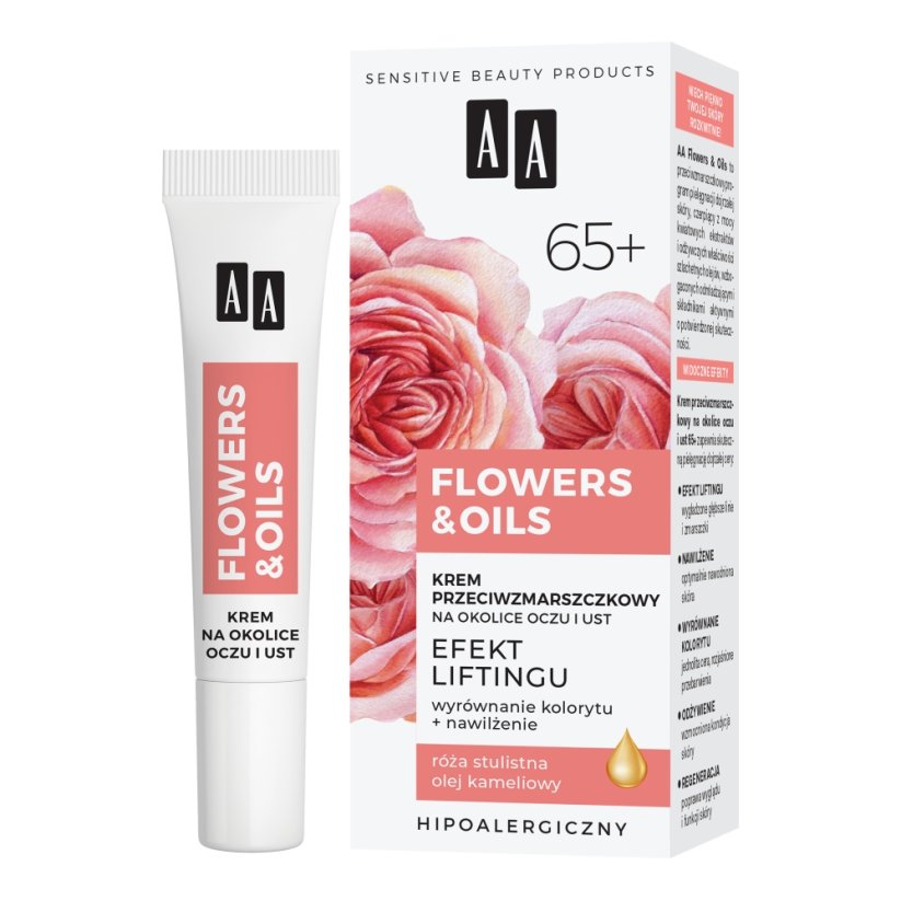 AA, Flowers&Oils 65+ Efekt Liftingu krem przeciwzmarszczkowy na okolice oczu i ust 15ml