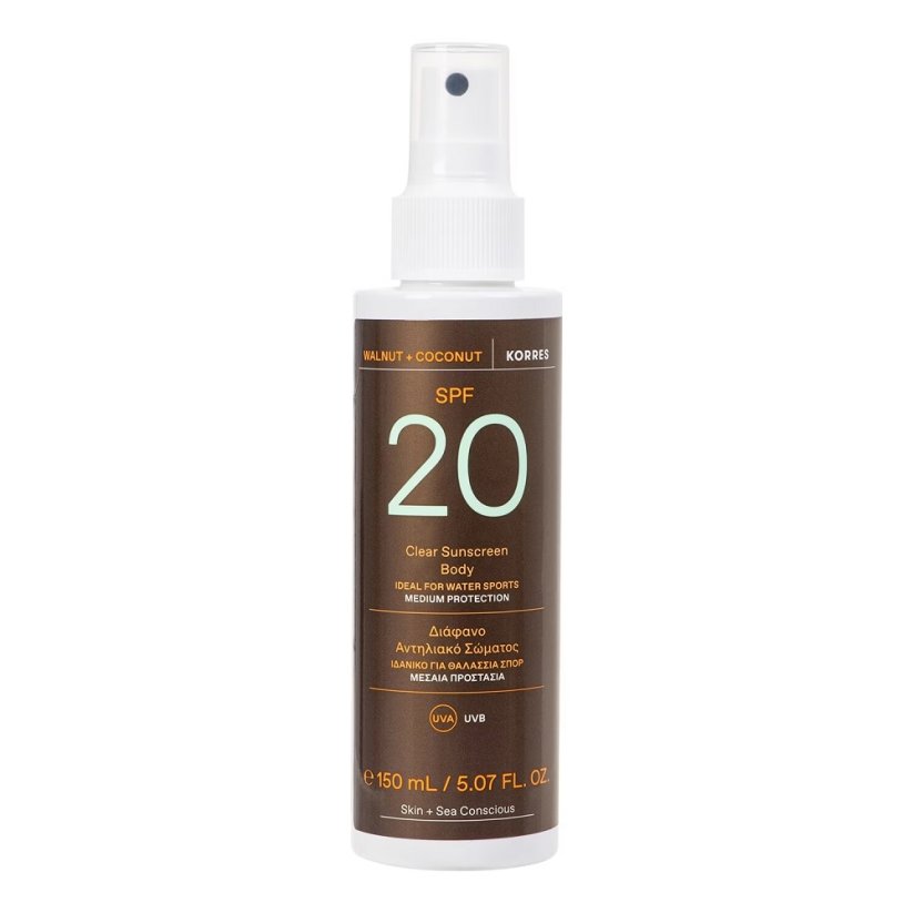 Korres, Walnut + Coconut Clear Sunscreen Body SPF20 ochronny spray do ciała 150ml