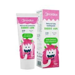 Nordics, Prírodná detská zubná pasta bez fluóru pre deti od 2 do 6 rokov Balóniková žuvačka 75 ml