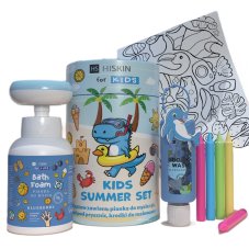 HiSkin Kids Summer Blue zestaw płyn do kąpieli 75ml + pianka do mycia 300ml + kredki 5szt + kolorowanka