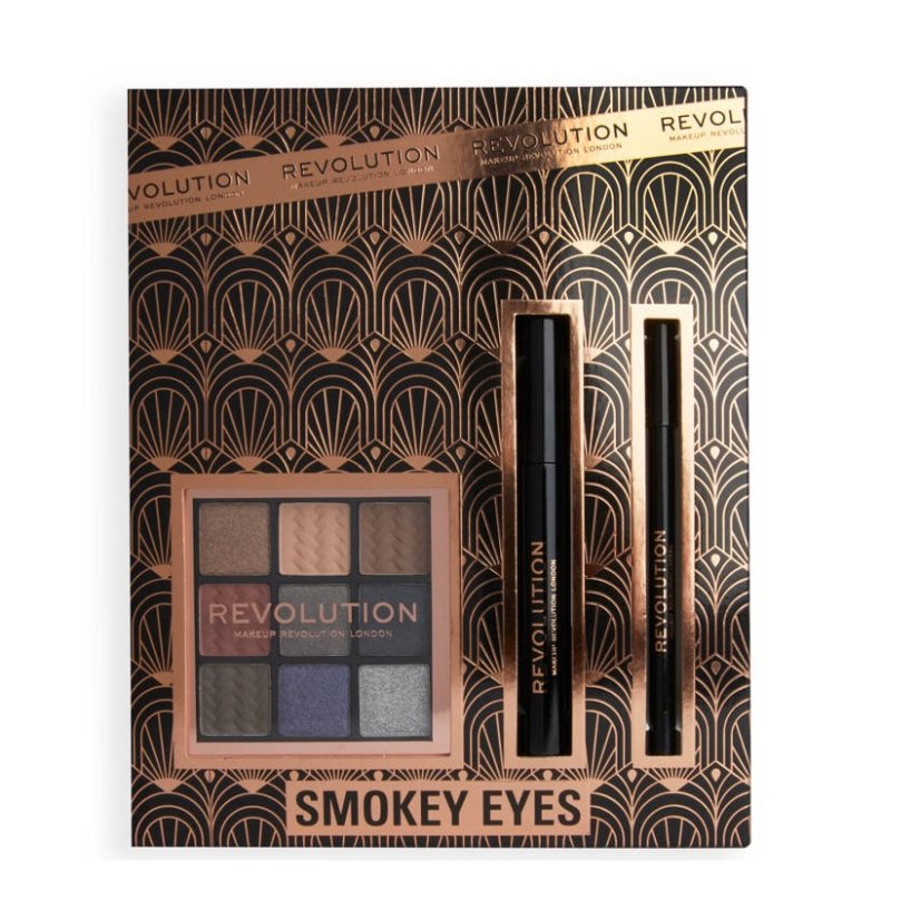 Makeup Revolution, sada oční linky + řasenka + paleta očních stínů Smokey Eyes