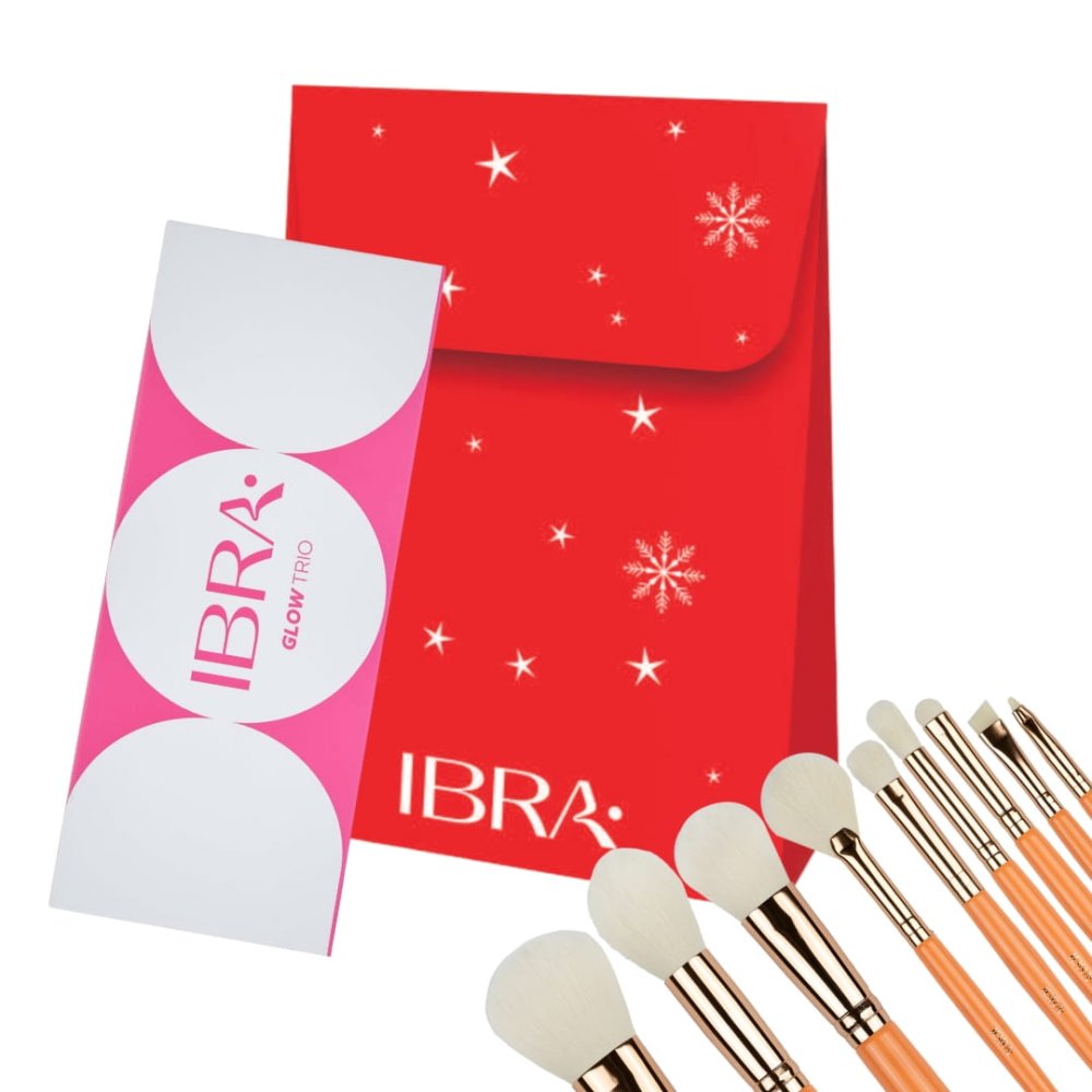 Ibra Vánoční dárková sada štětců na make-up + paletka rozjasňovačů