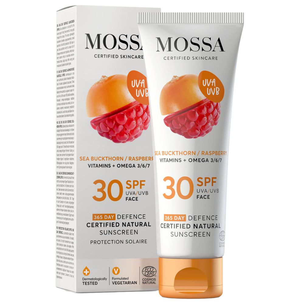 365 Defence Certified Natural Sunscreen Celoročný Prírodný Opaľovací Krém Na Tvár SPF30 S Rakytníkom A Malinami 50ml