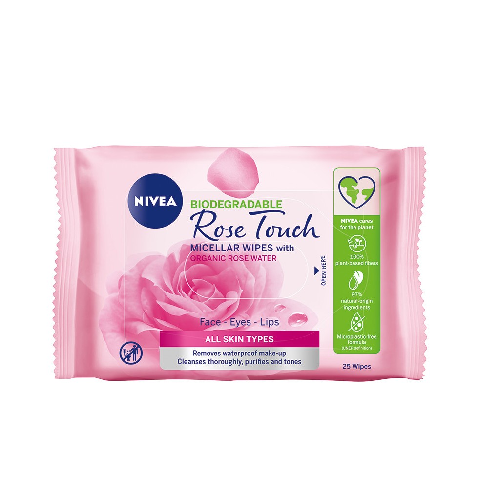 Rose Touch Biologicky Rozložiteľné Micelárne Odličovacie Utierky S Organickou Ružovou Vodou, 25 Ks
