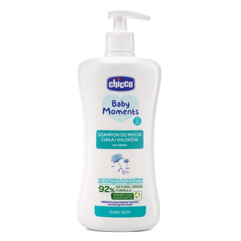 CHICCO Šampón jemný na vlasy a telo s dávkovačom Baby Moments 92 % prírodných zložiek 500 ml