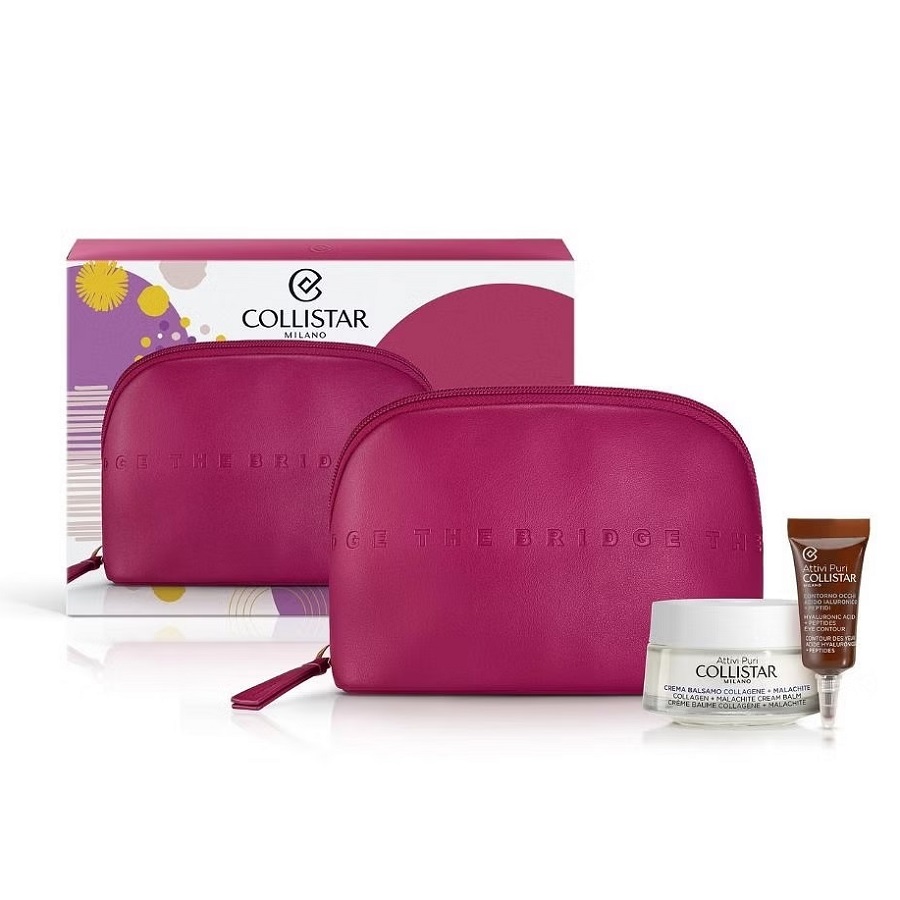 Collistar Pure Actives Collagen + Malachite Cream Balm pleťový balzám 50 ml + oční gel Pure Actives Hyaluronic Acid Peptides Eye Contour 5 ml + kozmetická taštička darčeková sada