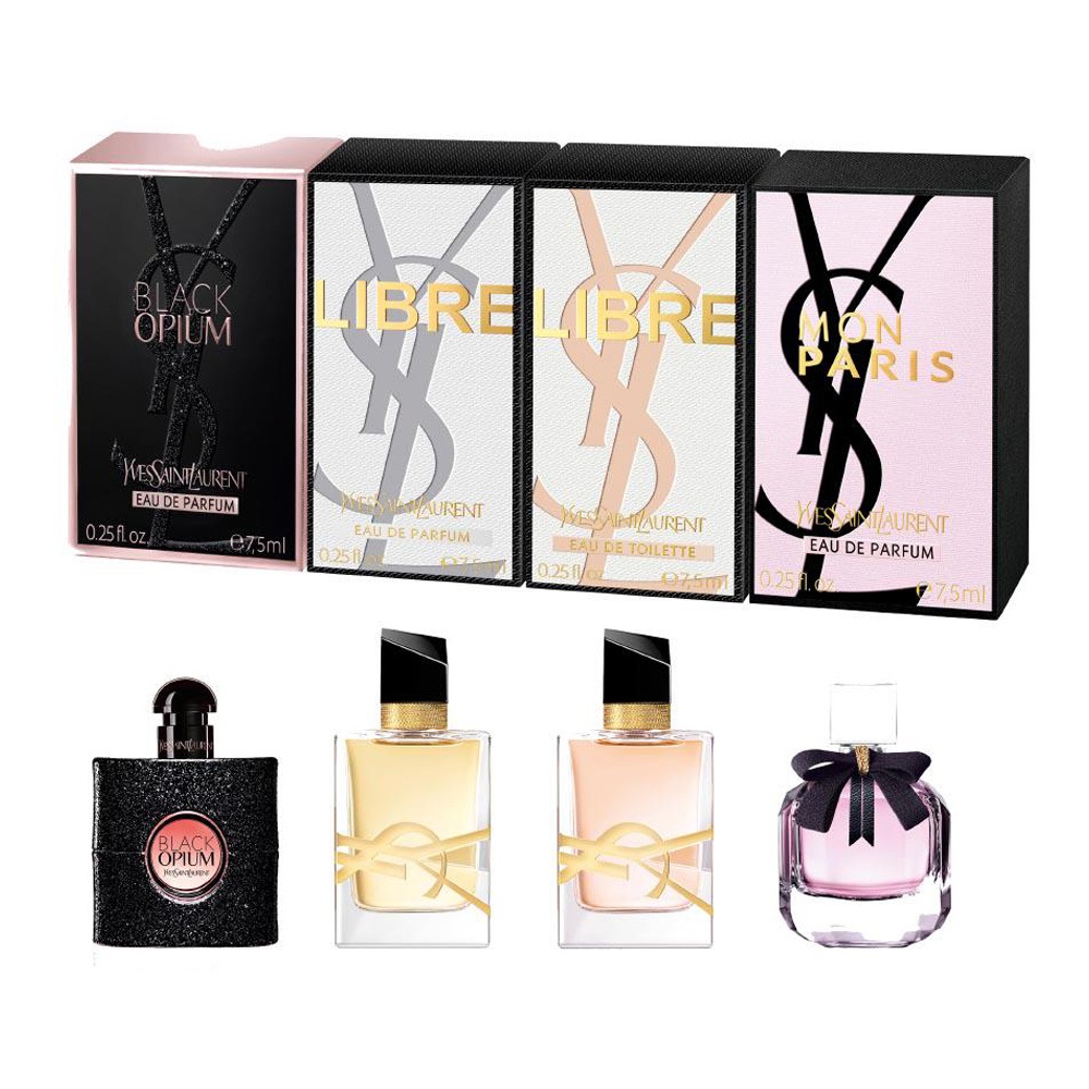 Yves Saint Laurent, sada miniatúr Black Opium Eau de Parfum spray 7,5ml + Libre Eau de Parfum spray 7,5ml + Mon Paris Eau de Parfum spray 7,5ml + Libre Eau de Toilette spray 7,5ml