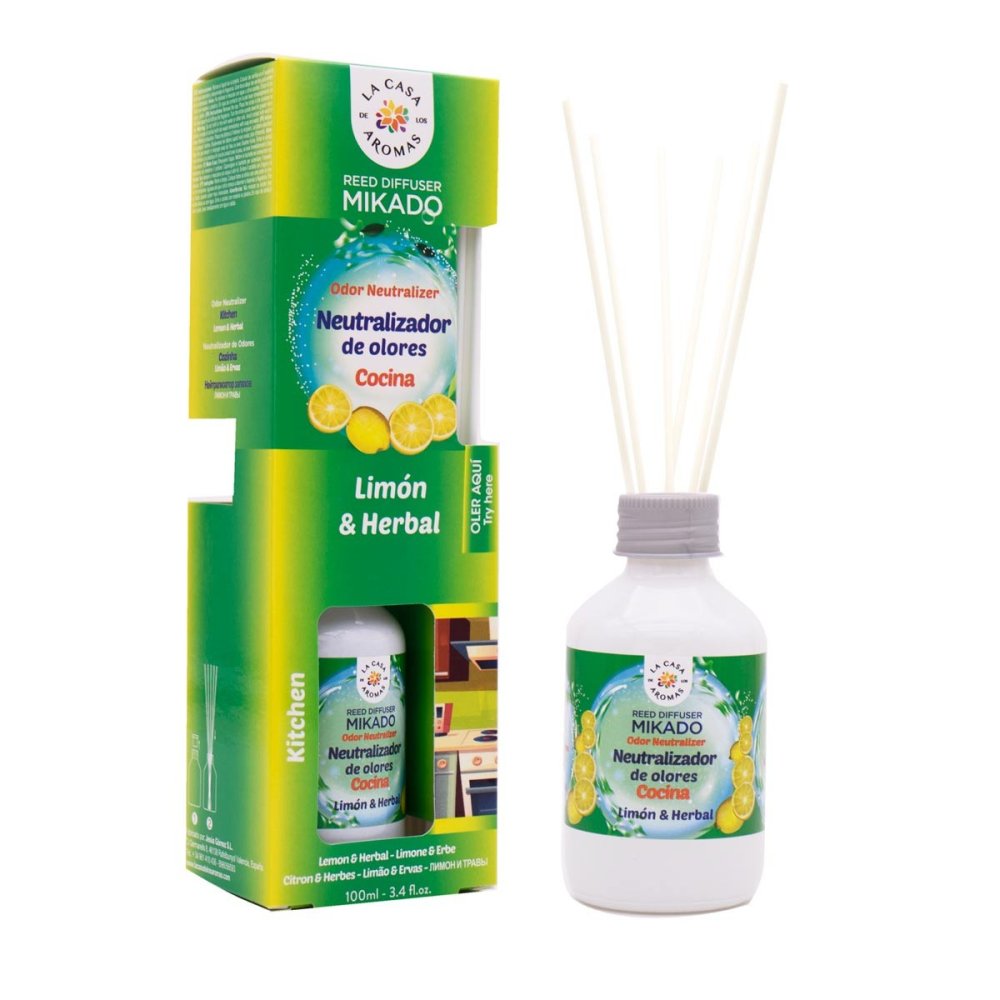 La Casa de los Aromas Špeciálny kuchynský neutralizátor zápachu Trstinový difuzér vonné tyčinky Citrón a bylinky 100 ml