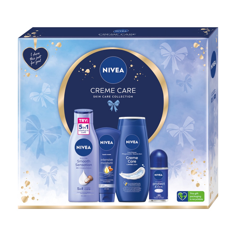 Nivea, Súprava krémov na ruky Creme Care 100 ml + sprchový gél 250 ml + antiperspirant roll-on 50 ml + vyhladzujúce telové mlieko 250 ml