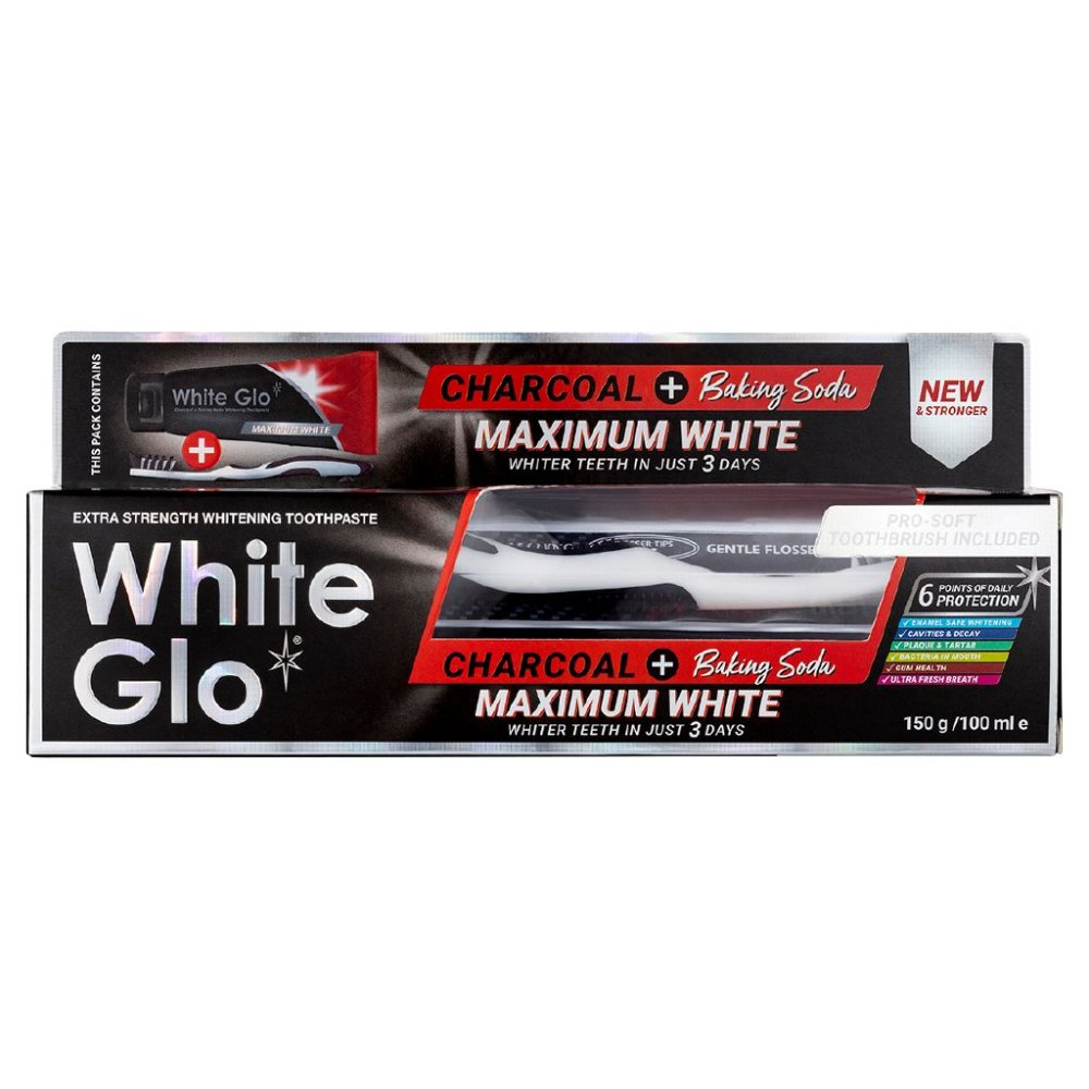 Drevené Uhlie + Sóda Bikarbóna Maximum White Zubná Pasta Na Bielenie Zubov 150g/100ml + Kefka